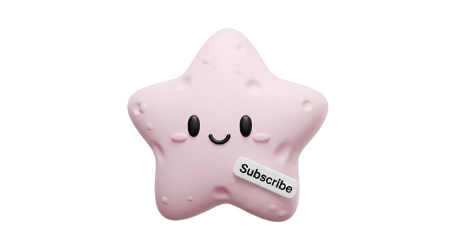 Cute pink star character with a ""Subscribe"" button isolated on a white background 3D render