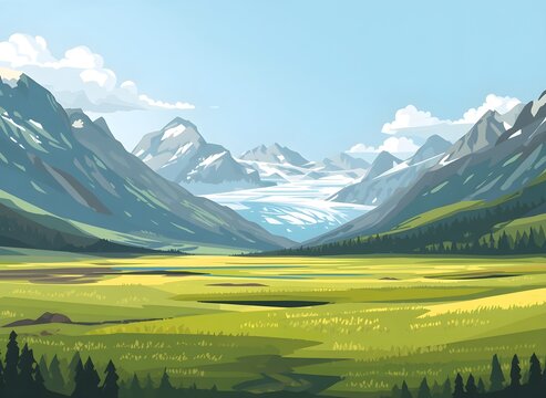 Broad Glacier Valley Beneath Towering Mountain Peaks Flat Vector Style Scandinavian Landscape Illustration