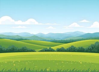 Obraz premium Wide Highland Meadow Leading to Distant Mountain Ranges Flat Vector Style Scandinavian Landscape Illustration