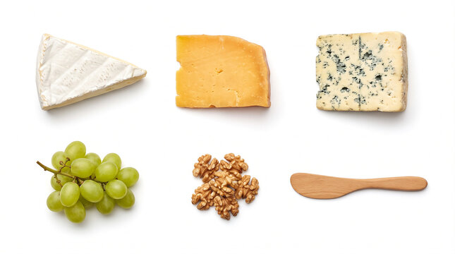 Flat lay set of artisanal cheese board ingredients including brie, cheddar, blue cheese, green grapes, walnuts, and a wooden spreader isolated on a white background