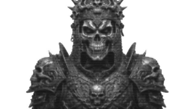 Skeleton warrior portrait in halftone style monochrome vector design