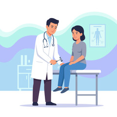Obraz premium Doctor performing reflex test on patient using reflex hammer in clinic examination room, medical illustration