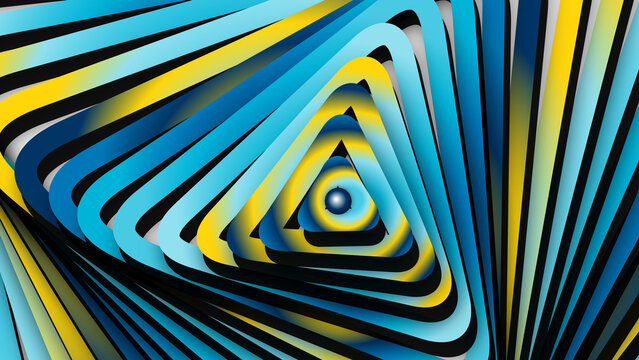 Abstract geometric background with blue and yellow triangles, hypnotic spiral pattern with 3D depth, modern digital art wallpaper for creative design