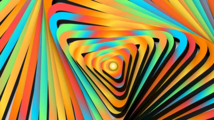 Fototapete 3D Psychedelic abstract background with colorful geometric spirals, vibrant rainbow tunnel of layered triangles, creative 3D optical illusion wallpaper  © AxiomFluxStudio