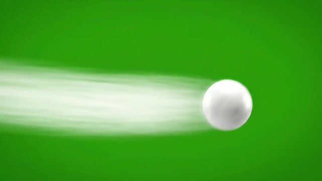 Single white ping pong ball spinning and flying through the air against a professional bright green screen background with realistic motion blur