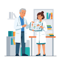 Obraz premium Doctors Discussing Medical Book with Anatomical Illustrations in a Bright Office