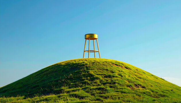 Golden stool on a grassy hilltop against a clear blue sky minimalist outdoor scene