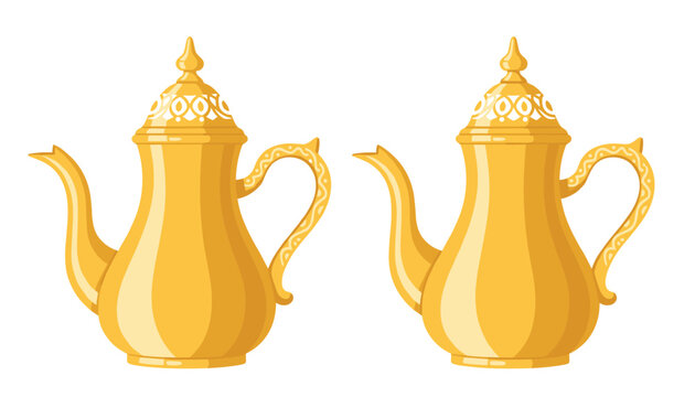 Two traditional golden Arabian teapots or dallahs with elegant patterns isolated on a plain white background.
