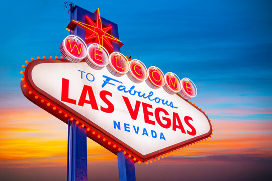 Welcome to Fabulous Las Vegas Sign. Logo Removed. The beautiful Sunset sky in the background. Las Vegas, Nevada, USA 05/05/2026