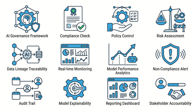 Business Technology Icons Set for AI Governance and Compliance.