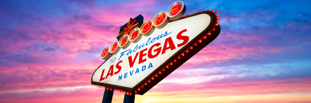 Welcome to Fabulous Las Vegas Sign. Logo Removed. The beautiful Sunset sky in the background. Las Vegas, Nevada, USA 05/05/2026