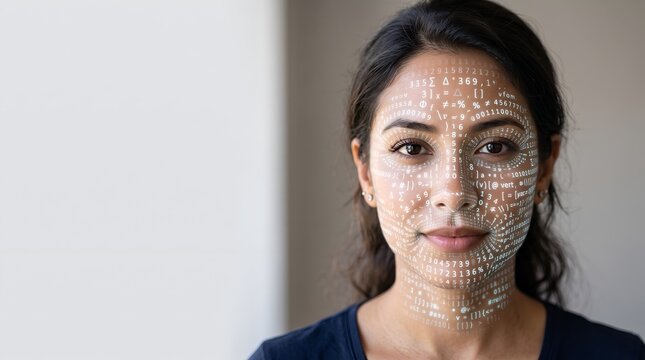 Young woman with digital binary data overlay on face for facial recognition