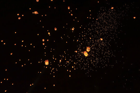 Floating lanterns take place during Thailand's Loi Krathong festival on the night of the full moon.