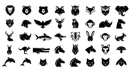 Obraz premium Diverse Animal Icons Collection: Mammals, Birds, Reptiles, Marine Life - Black Silhouettes