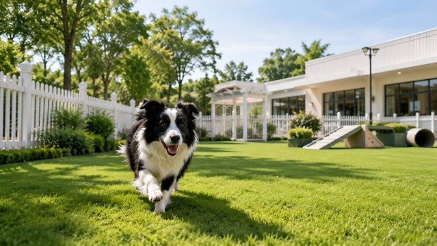 Happy Border Collie dog running freely on green grass in a luxury outdoor pet park playground