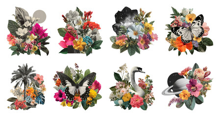 Obraz premium PNG Vibrant floral collages with butterflies and celestial themes, transparent background