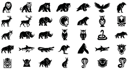 Obraz premium Diverse Wildlife Icons: Mammals, Birds, Reptiles - Silhouette Collection