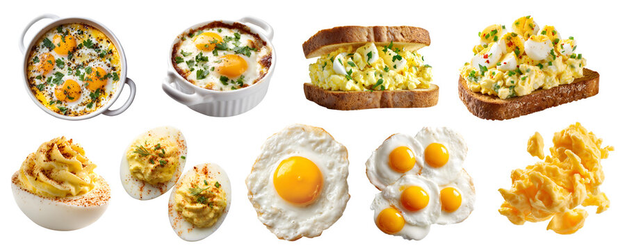 Set of different ways to eat cook prepare eggs, Deviled devilled Shirred baked fried runny, scrambled egg sandwich toast bread, sunny side up, sliced with yolk seasoning, transparent cutout PNG Mockup