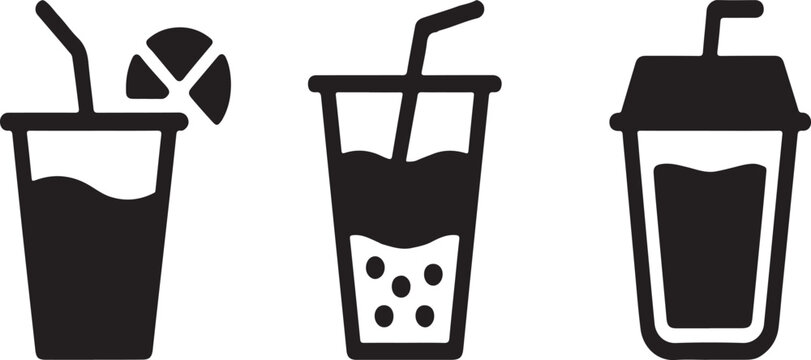 Refreshing summer drinks and boba tea cup silhouette vector icons for cafe menu and graphic design