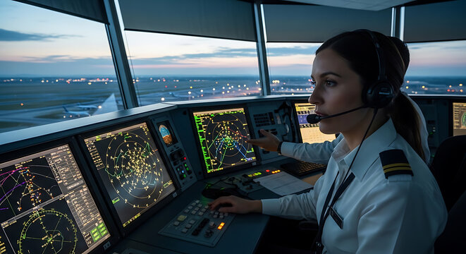 Female air traffic controller monitoring flight radar screens inside control tower