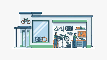 Obraz premium Bike Shop Interior with Mechanics Working.