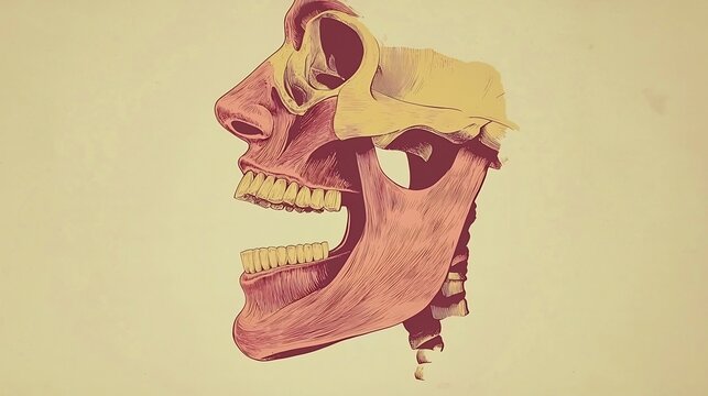 Retro anatomical illustration of a human skull and jaw in profile view with an open mouth and teeth