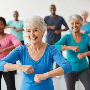 Happy diverse group of senior citizens performing synchronized fitness exercises in a bright gym studio, focusing on an active lifestyle and health.