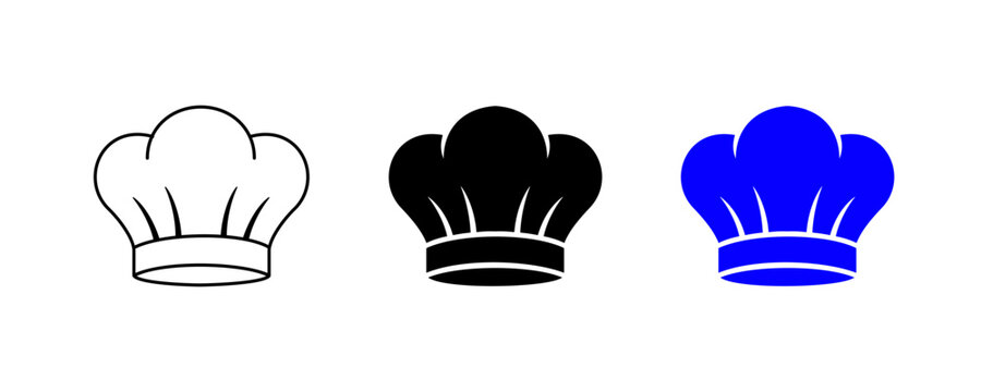 Chef hat icons in outline, solid black, and blue variations for cooking, culinary branding, kitchen logo design, restaurant identity graphics