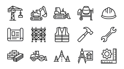 Fototapeta premium Industrial construction and heavy machinery line icon set.