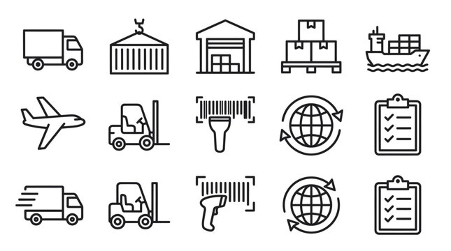 Logistics and global shipping line icon set.