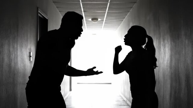 Two silhouetted figures, a man and a woman, face each other in a dark narrow hallway arguing with raised hands, backlit by a bright light at the end. Suitable for relationship conflict