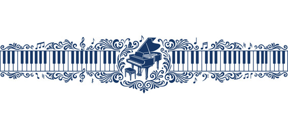 Ornate Grand Piano with Music Notes and Keyboard Border © Hijau