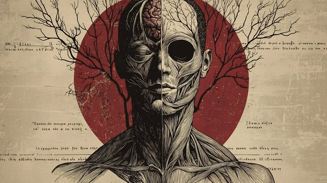 Surreal anatomical illustration of a human head with exposed brain and muscle tissue on aged parchment paper background