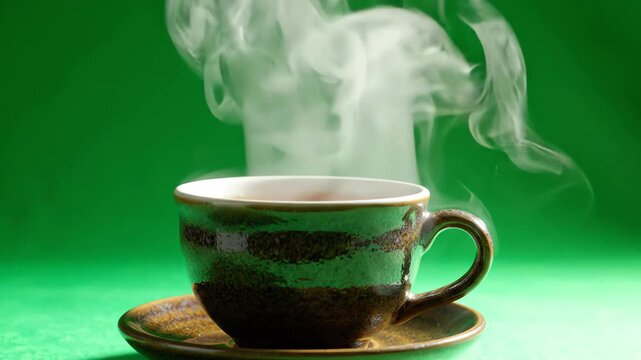 Steaming hot tea in a ceramic cup with swirling vapor clouds against a solid chroma key green screen background