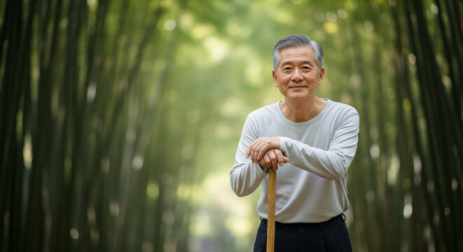 Healthy senior Asian man smiling while leaning on a wooden staff in a beautiful green bamboo forest, representing aging gracefully and wellness.