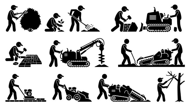 Industrial earthmoving equipment and landscaping worker silhouettes for site management projects.