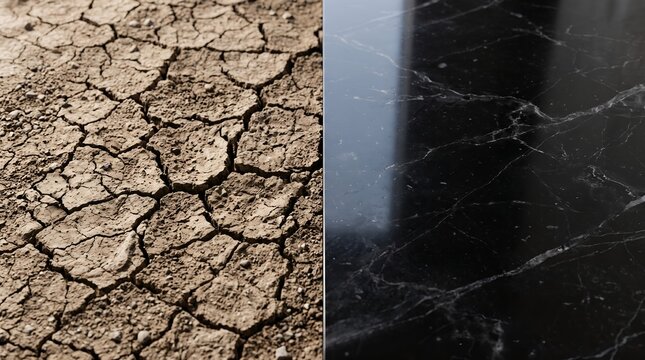 Contrast background showing dry cracked earth next to polished black marble