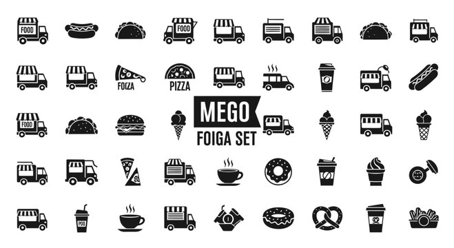 Food Truck Icons Set: Pizza, Coffee, Tacos, Burgers, Hot Dogs & Ice Cream - Vector Graphics