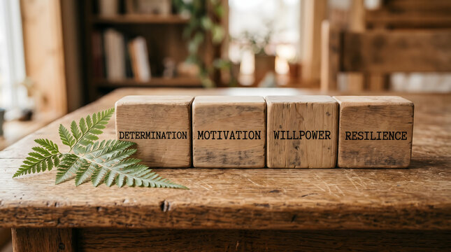 Wooden blocks with determination motivation willpower resilience text on rustic table with blocks motivational words table next fern placed rustic