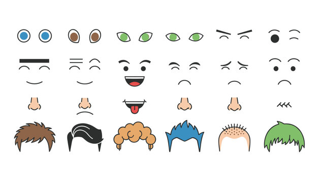 Cartoon character avatar creator kit with eyes, expressions, noses, and hairstyles for custom face design.