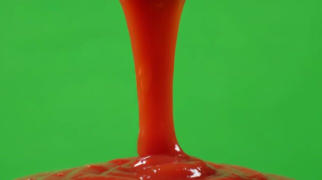 Thick red tomato ketchup pouring in a smooth stream against a bright chroma key green screen background