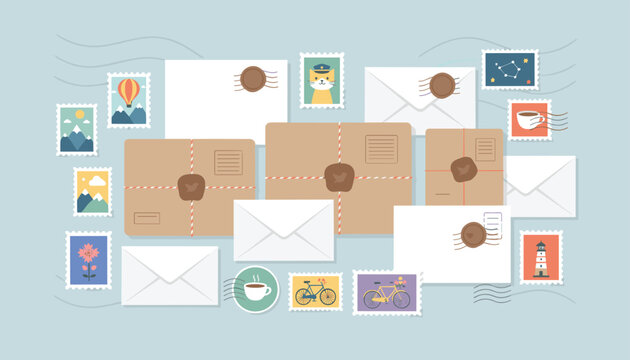 Mail collection containing brown parcels with string, white envelopes, wax seals, and various postage stamps.
