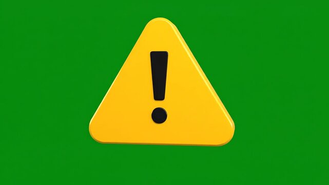 Three dimensional yellow hazard warning sign icon rotating slowly on a vibrant green screen background for video compositing