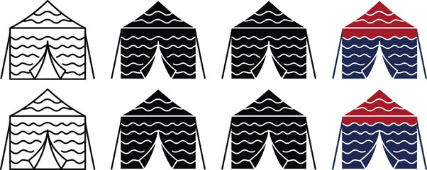 Camping tent vector collection featuring outline solid and colorful canopy designs for outdoor festival events and shelters © MstHusna