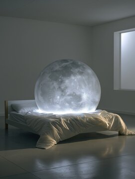 Surreal cinematic scene with massive realistic full moon atop minimalist bed in bright empty room; soft window light creates dreamy artistic ambiance.