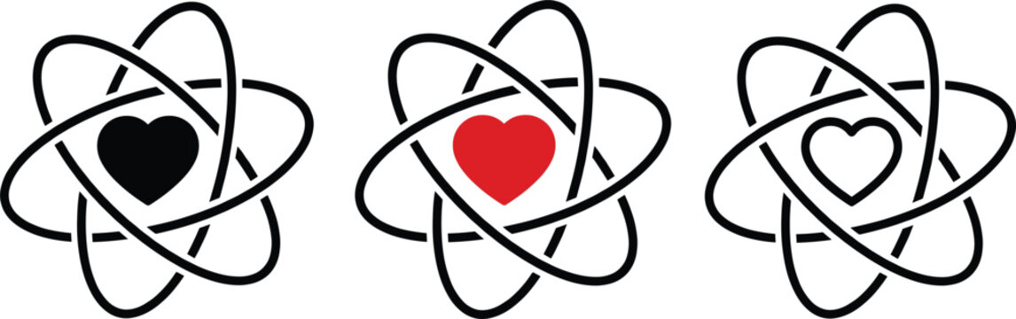 Atom nucleus with heart love icon vector set isolated on white background
