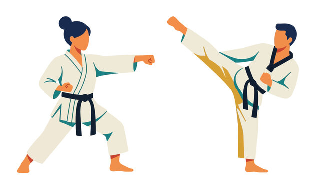 Martial artists perform a synchronized sparring routine wearing traditional white dobok uniforms.