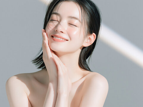透明感のある笑顔の美しい白い肌の女性。 美容、スキンケア、素材。モダンな質感。