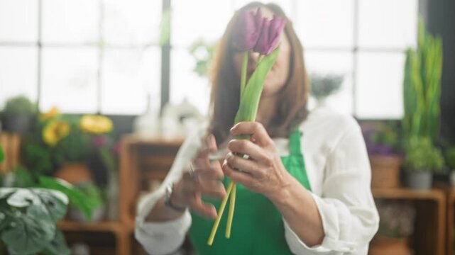 Woman florist holding purple tulips and adjusting stems with hands in studio; careful craft serenity.