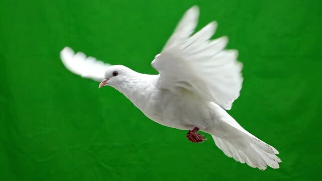 White dove flying across a bright green screen background with slow motion wing movements and feathers fluttering